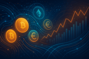 Abstract illustration of crypto coins swirling in a vortex with ETF graphs, symbolizing in-kind creations and redemptions