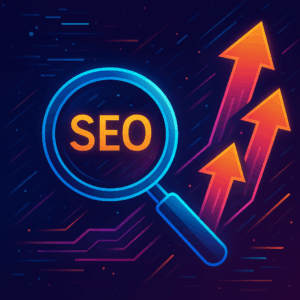Abstract SEO concept with magnifying glass and upward arrows